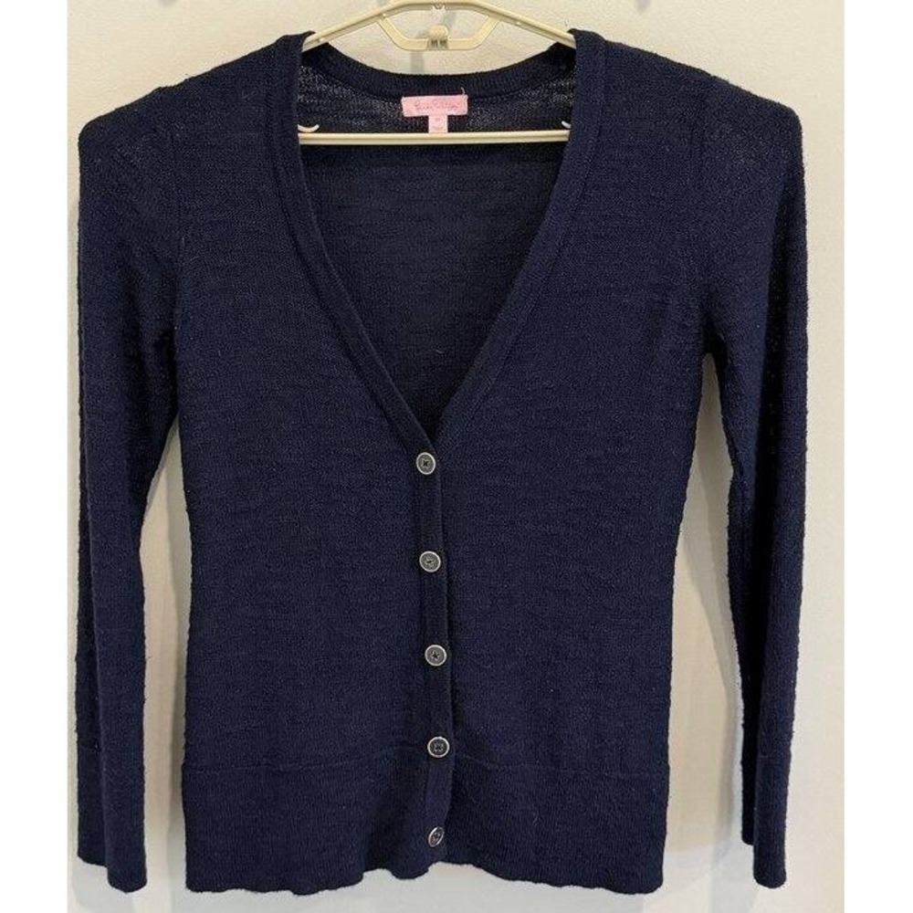 Lilly Pulitzer Navy Cardigan Sweater‎ Gold Navy Buttons Long V Neck Size M